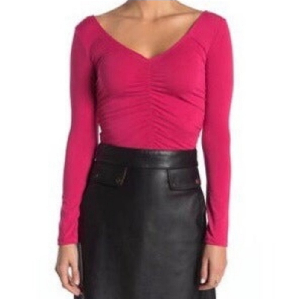 Velvet Torch Hot pink Ruched long sleeve top L NWT